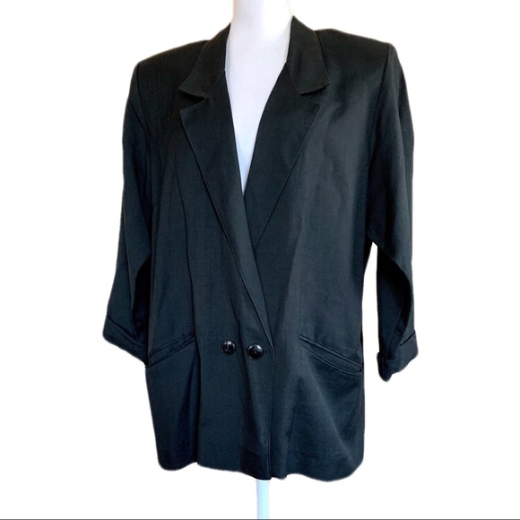 Vintage 90’s Black Oversized Double Breasted Blazer 14 Linen Blend - Picture 3 of 9